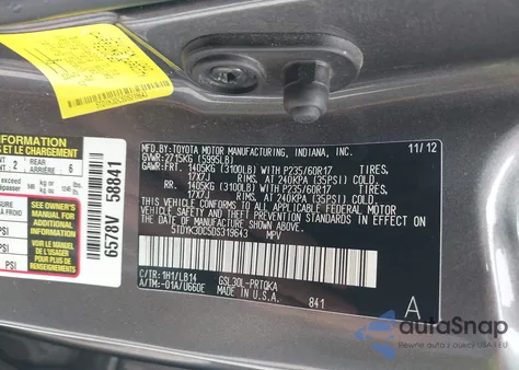 2013 Toyota Sienna Xle V6 8 Passenger from USA, damaged, VIN 5TDYK3DC5DS319643